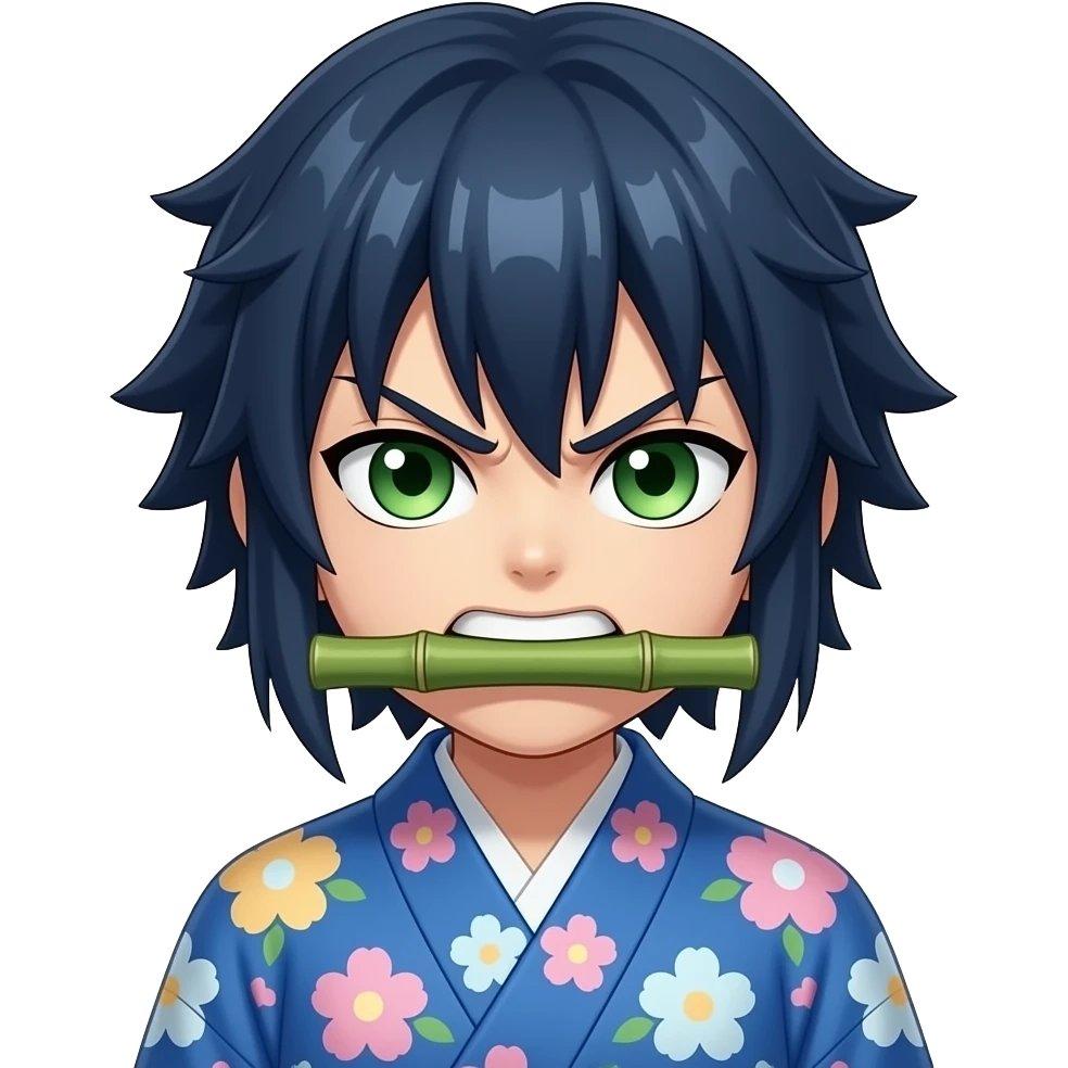 Que se parezca a Nezuco Demon Slayer pero con los ojos verdes el pelo azul y el bambú grueso en la boca el kimono azul y flores color pastel enojada emoji