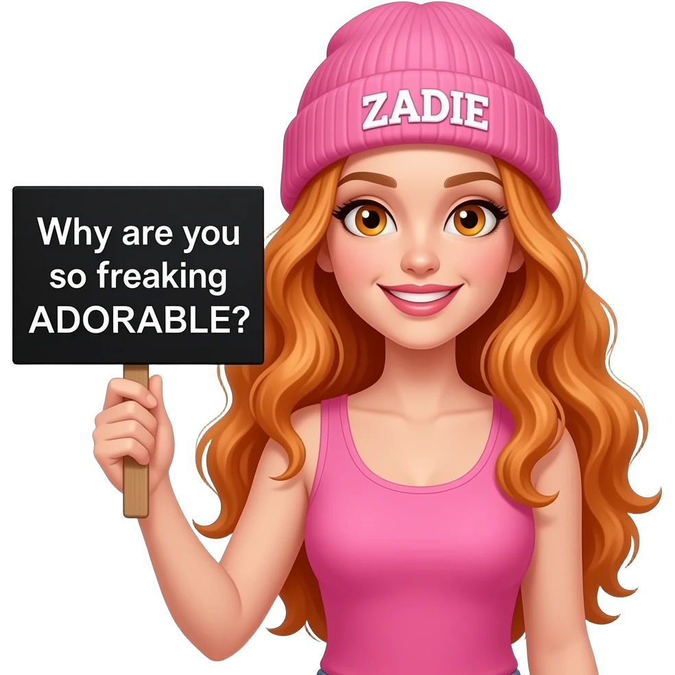 sexy girl with overlong wavy ginger hair and ginger eyes wearing a pink tanktop and a pink beanie with ZADIE written on it, is holding a black sign with Why are you so freaking ADORABLE? written on it emoji