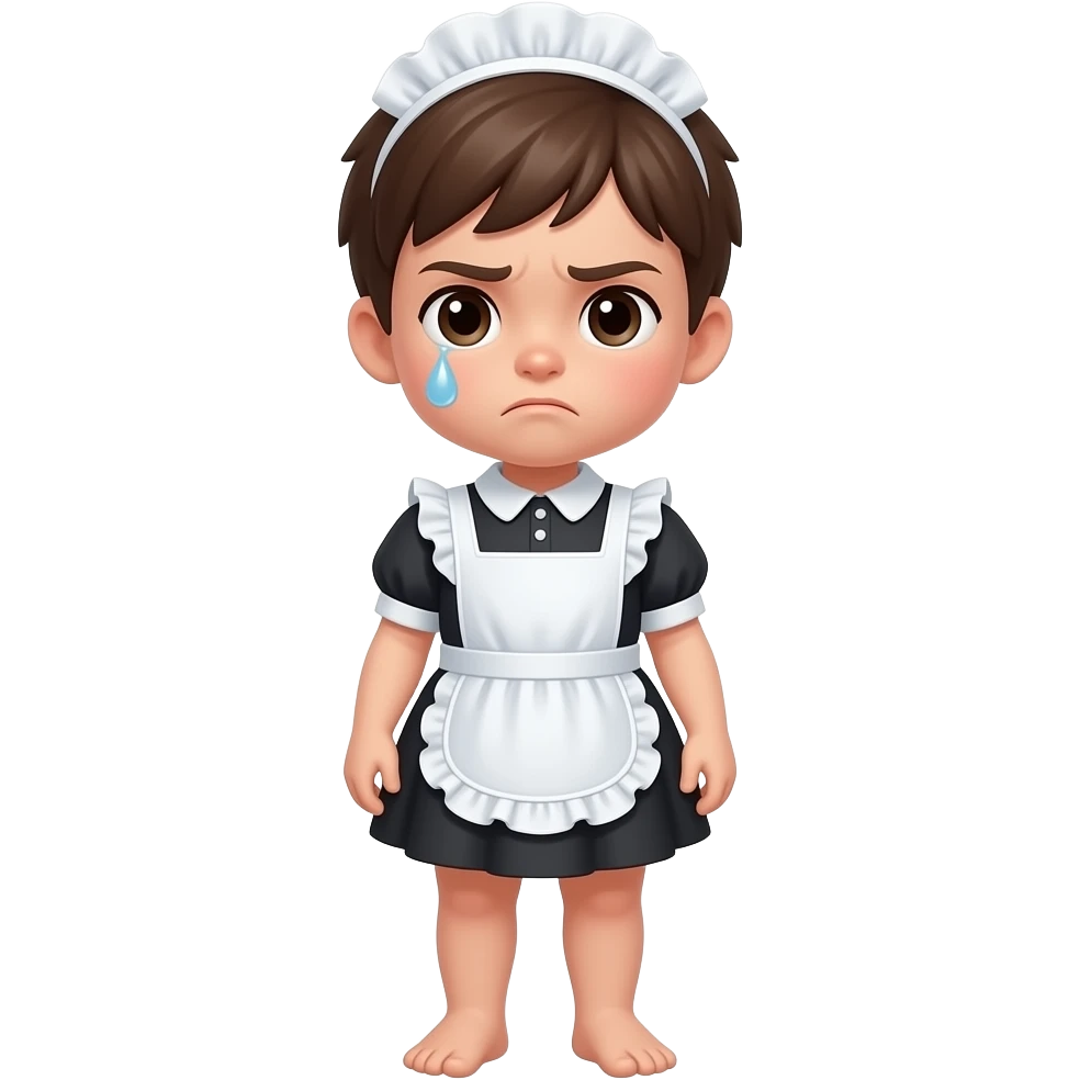 a frowned boy with 1 tear drop in a short maid peplum dress and exposed diaper, stands obeidetly emoji