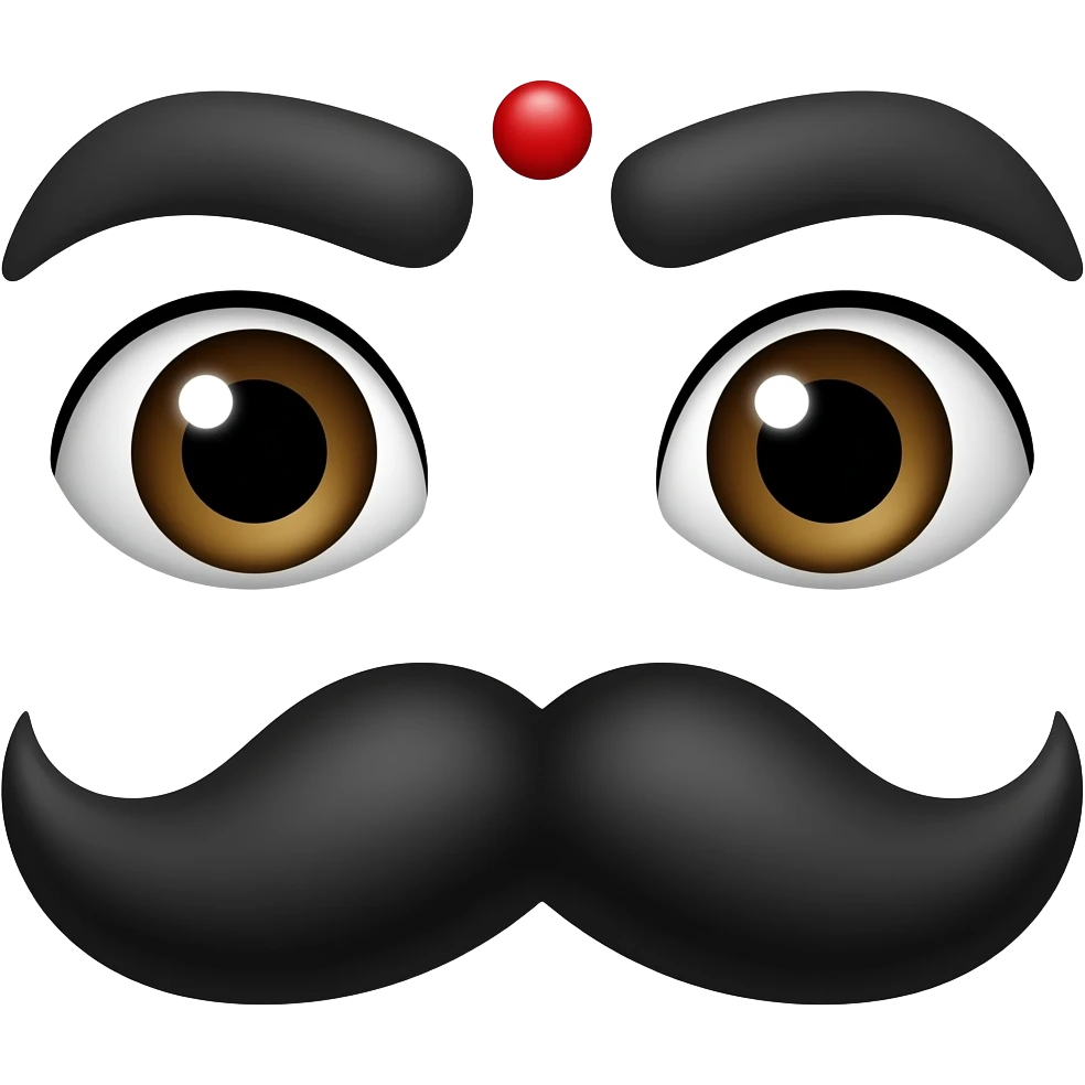 In a white background no person is needed just black eyebrows, red bindi and moustache yeah this is perfect but like Bharathiyar symbol make red bindi a little smaller don't change anything eyebrows should be joint with eyes like drawn emoji