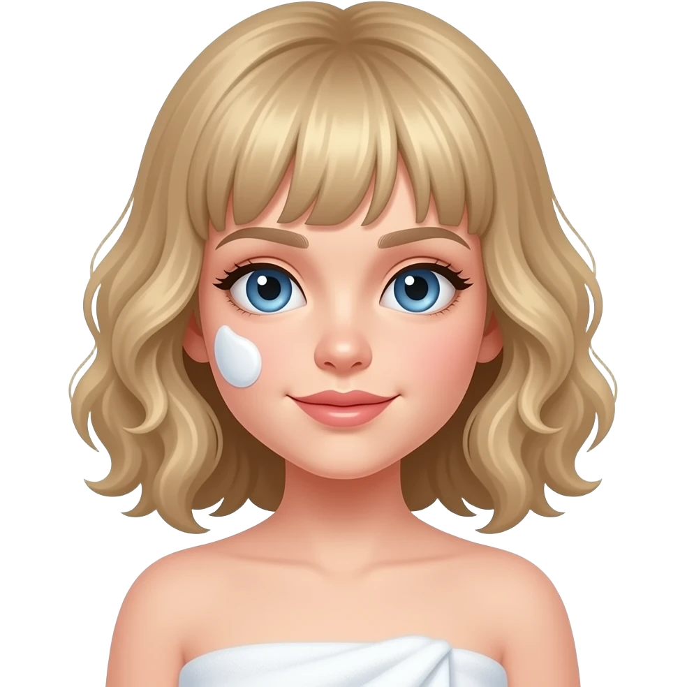 white kid blue eyes mid length with bangs soft curly hair to shoulders in color: middle to little darker blond, wrapped in a towel doing her skincare routine, head and body covered. emoji