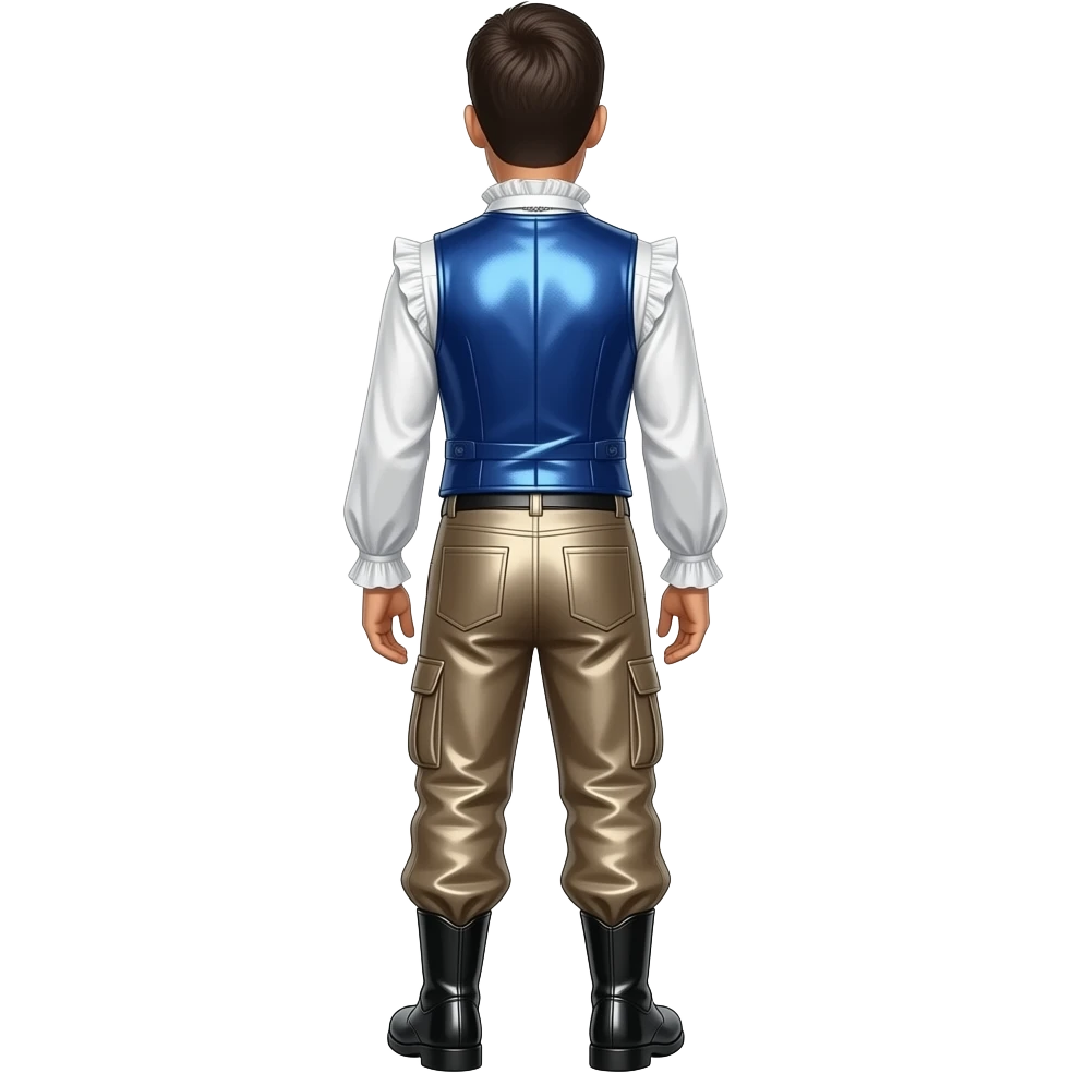 Jonathan Bailey from behind with white metallic ruffle shirt, royal blue metallic vest, dark beige metallic saggy pants, black metallic boots, necklace emoji
