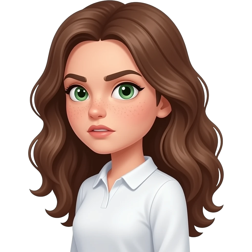 Brown wavy long hair green eyes cute face with freckles pretty girll in cute  white top with long sleeve and very soft collar side view doing meme side view doing side eye with visible strong face expression very suspicious look raised eyebrows emoji