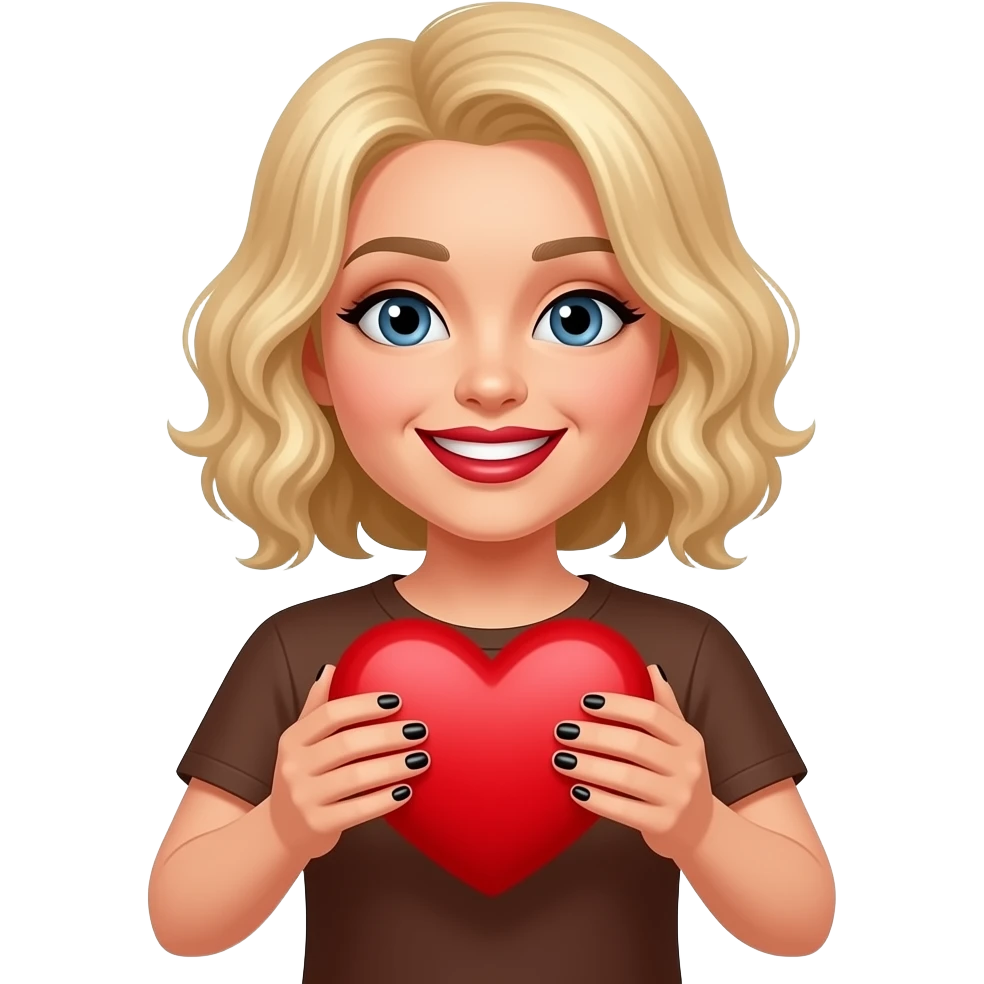 Short blond hair in curly sed swept holding a big red heart in both hands in black polish and dark red lipstick smiling, in a brown t shirt emoji