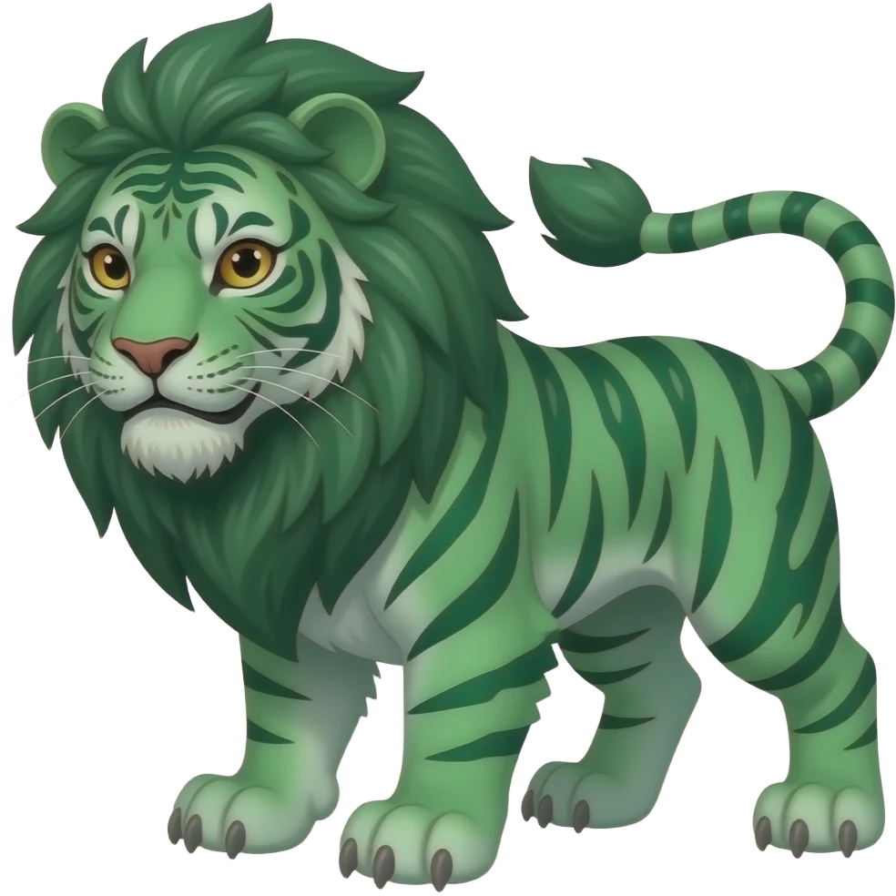 Final form of Emerald Meowzer, Stage 3, grown up, Fierce, Emerald Green lion-like, with tiger stripes emoji