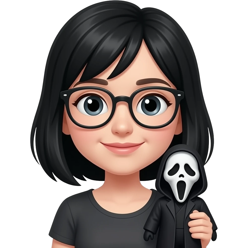 Girl with black hair and glasses with Ghostface doll emoji