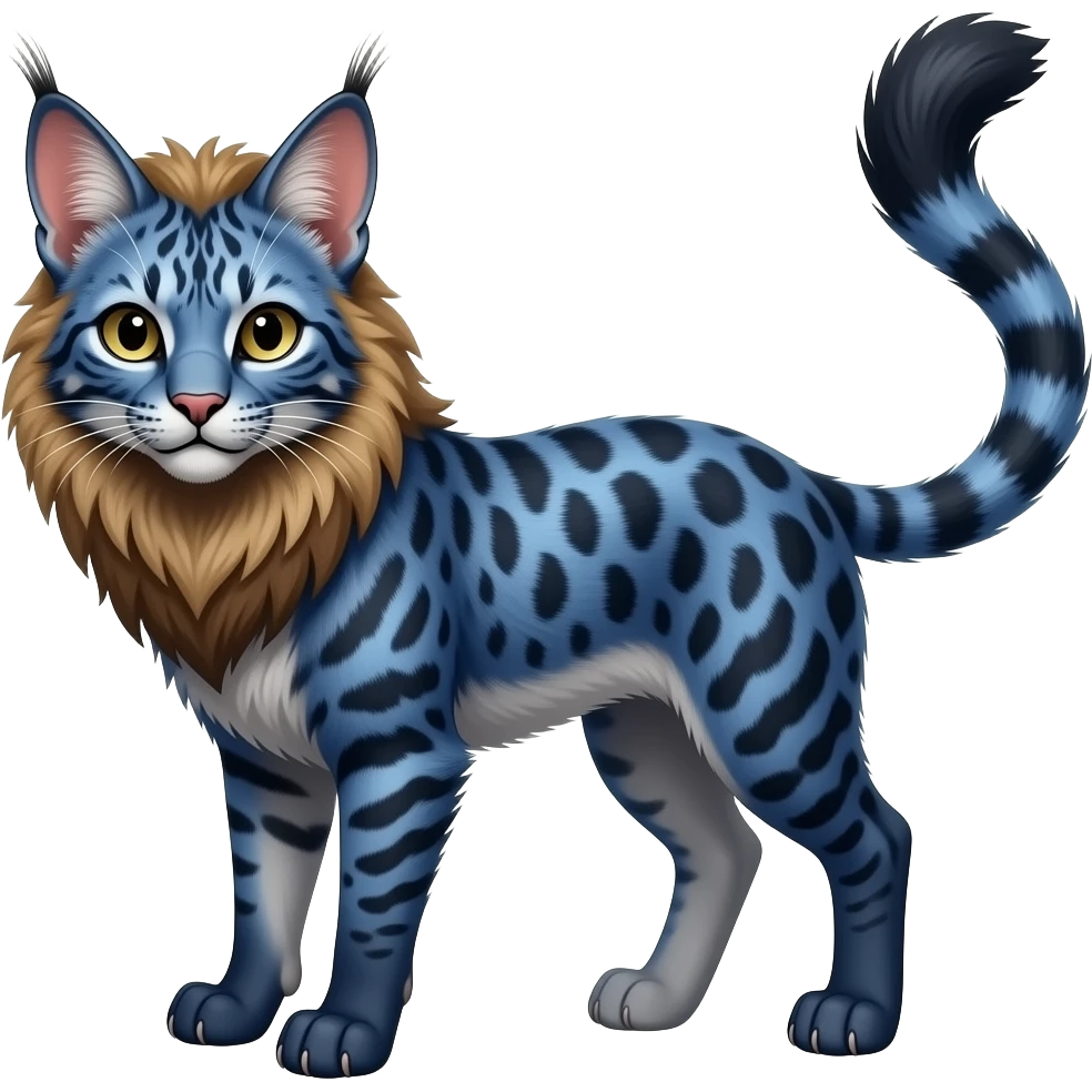 Realistic wild feral rosette-patterned marked edgy bluish Shiny Colorful Dusky Dark Glossy Genet-Caracal-Lion-Bobcat-fusion-animal-hybrid-creature, full body, tufted ears, long thin tufted tail emoji