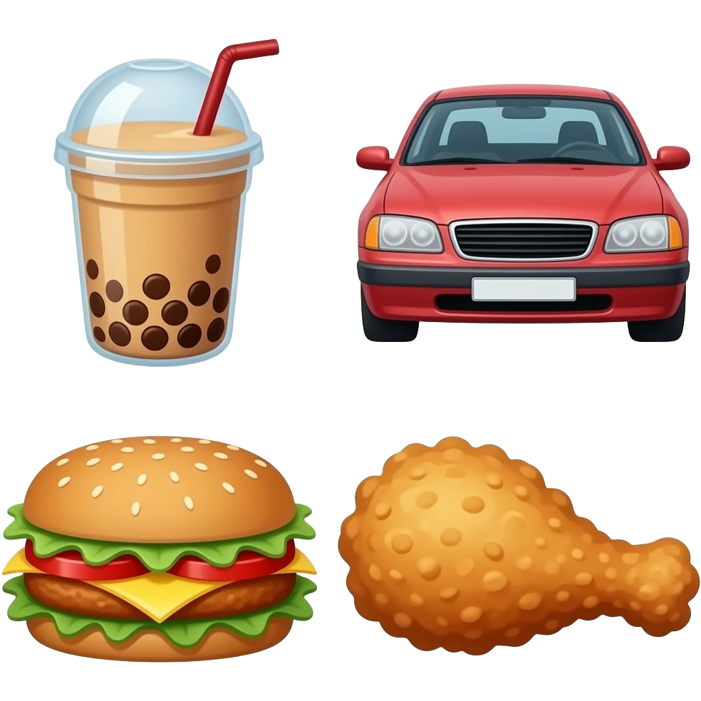 boba tea and car and fried chicken in a sandwich emoji