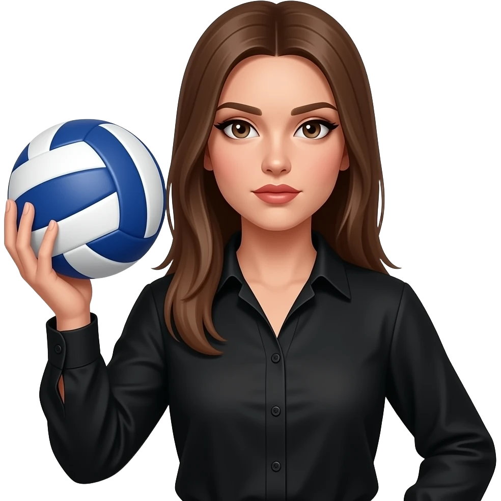masculine face girl Long brown hair girl, light brown eyes and little bit tanned skin she has makeup with black eyeliner and her stare is magnethic. Handle voleyball ball. Her hair is straight and loose, not messy. Hair is extremely long that picture couldn't fit. She wears black elegant blouse emoji