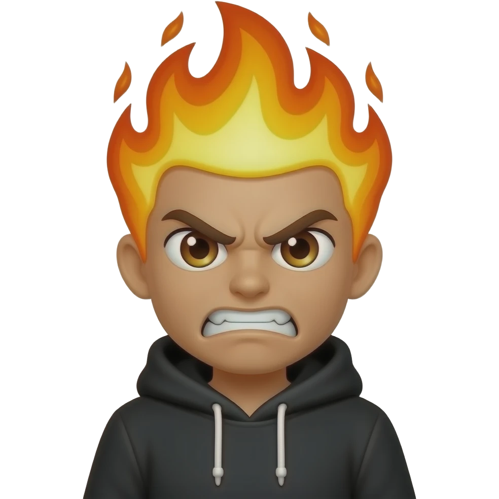 Fire Rage Emoji Boy with angry face, clenched teeth, flame hair glowing, black hoodie, 3D emoji style emoji