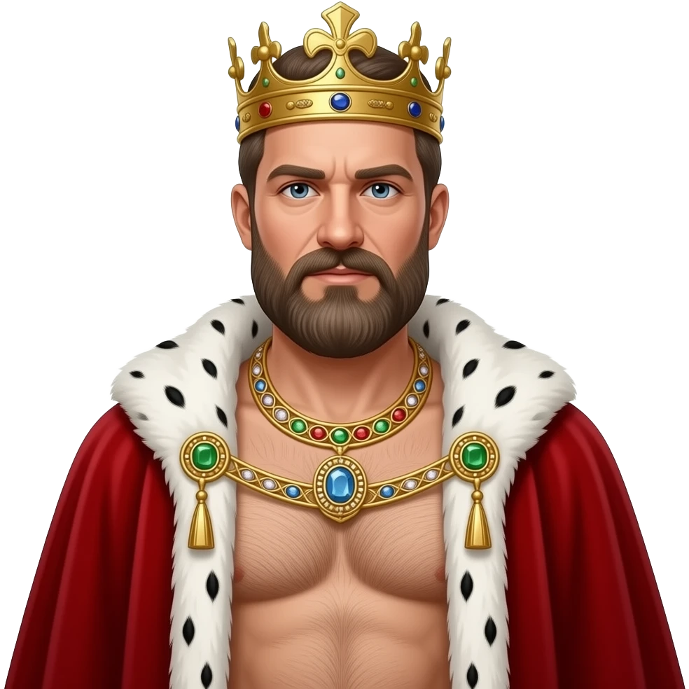 Erstelle ein Portrait von einem König und die 40 mit Bart und Krone, er trägt eine prunkvolle Goldkette mit Edelsteinen um den Hals. Er hat kein Hemd an aber ein weit offenen roten samt Umhang mit weißen Pelz um seine Schulter. Unter dem Umhang sieht man seine behaarte männliche Brust und Körper emoji