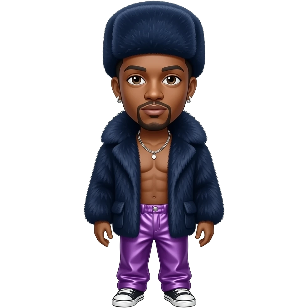 Jay Kay with brown eyes, brown hair, navy blue fur hat, navy fur shawl, purple metallic baggy pants, shirtless with necklace and earrings emoji