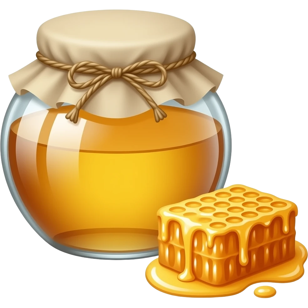 A glass pot with honey covered with a cloth and a honeycomb next to it emoji