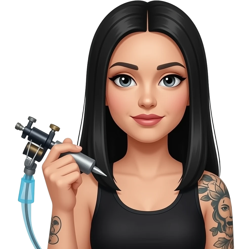Longer straight black hair woman tattoo artist with half a sleeve holding a tattoo machine emoji
