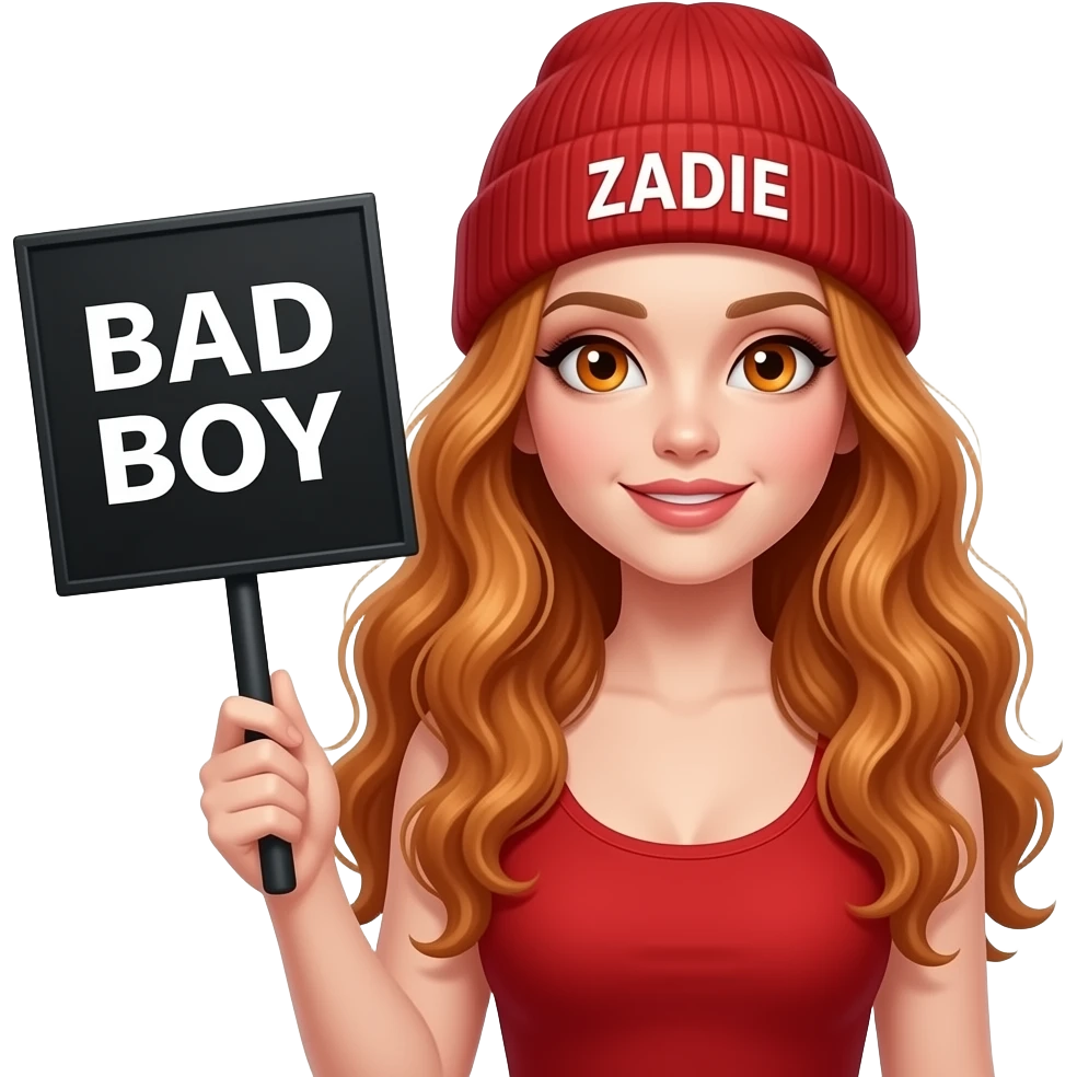 sexy girl with overlong wavy ginger hair and ginger eyes wearing a red tanktop and a red beanie with ZADIE written on it, is holding a black sign with BAD BOY written on it emoji