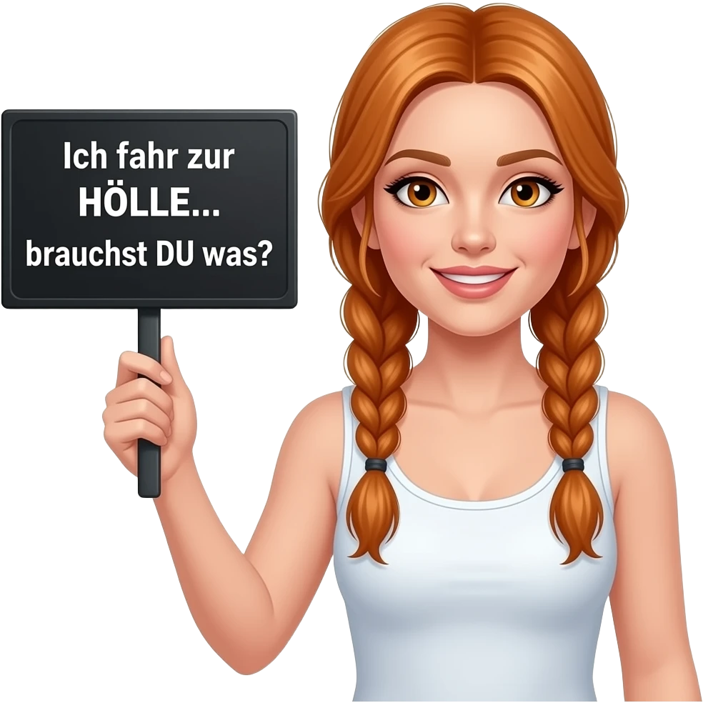 sexy girl with long ginger braids and ginger eyes wearing a white tanktop is holding a black sign with Ich fahr zur HÖLLE... brauchst DU was? written on it emoji