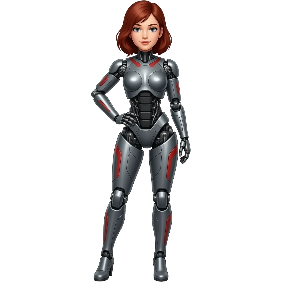 A female robot made of dark gray steel with black and red markings, full body, sexy pose emoji