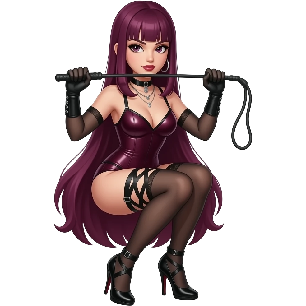 dominatrix with burgundy, very straight, shoulder-length hair, wearing black strappy heels, holding a whip. emoji