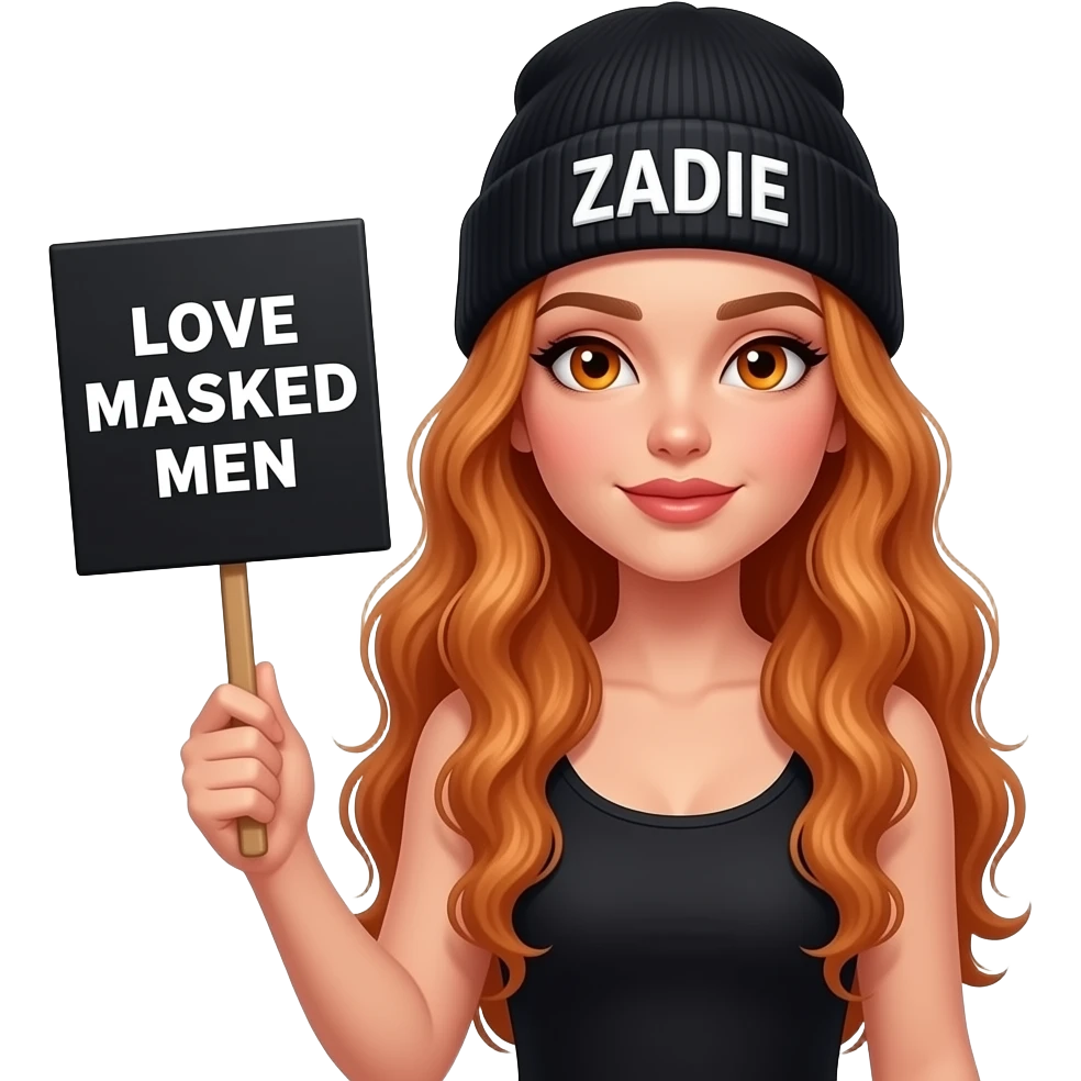 sexy girl with overlong wavy ginger hair and ginger eyes wearing a black tanktop and a black beanie with ZADIE written on it, is holding a black sign with just LOVE MASKED MEN on it emoji