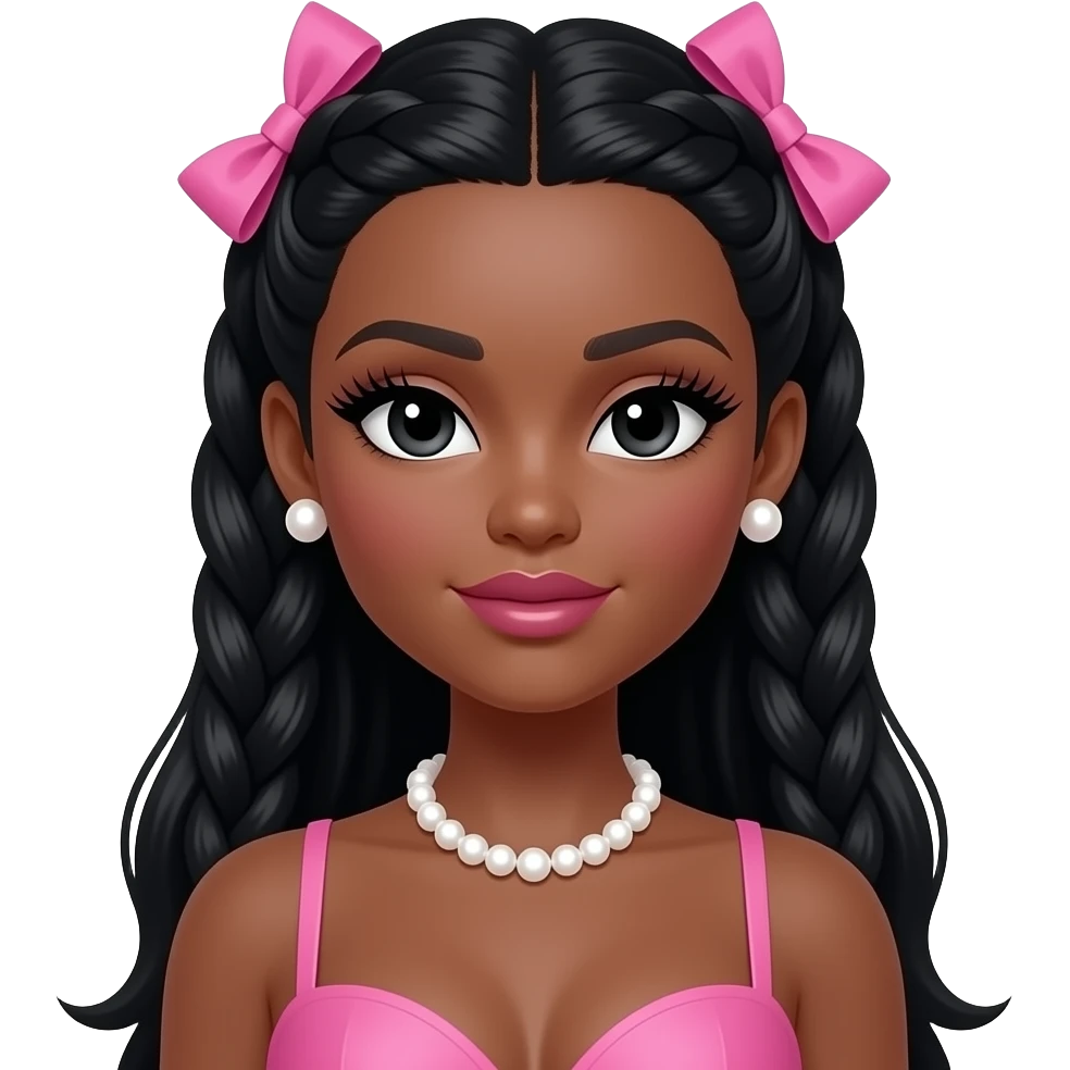 Long giant lashes,Doll faced shaped, pearl necklace, big Pearl earrings studs, bimbo, black doll eyes, barbie, dark brown skin,  black hair with braided pink bows,  big breast with no bra emoji