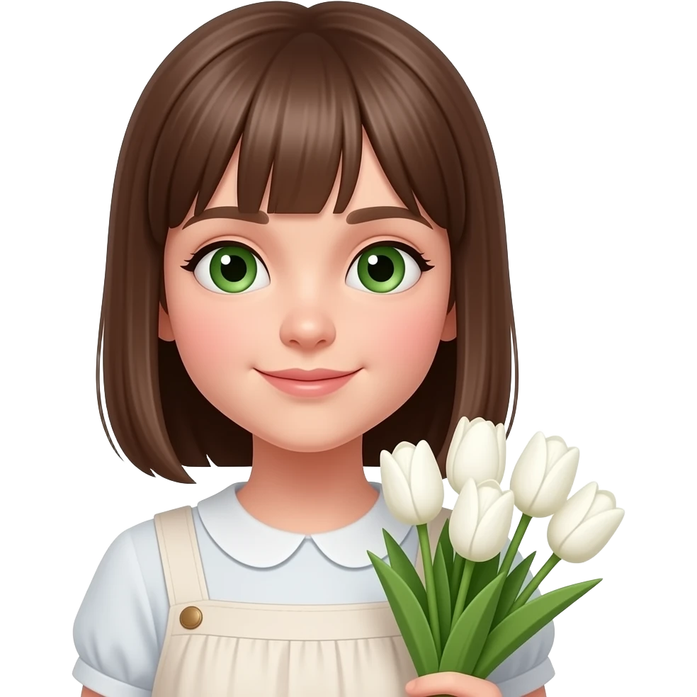 a closeup picture of a girl in a simple farm dress with straight brown hair and green small eyes with a bouquet of white tulips to the side emoji