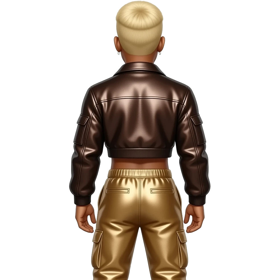 Chris Brown from behind with blonde buzz cut hair, dark brown metallic jacket crop top, tan metallic baggy joggers emoji