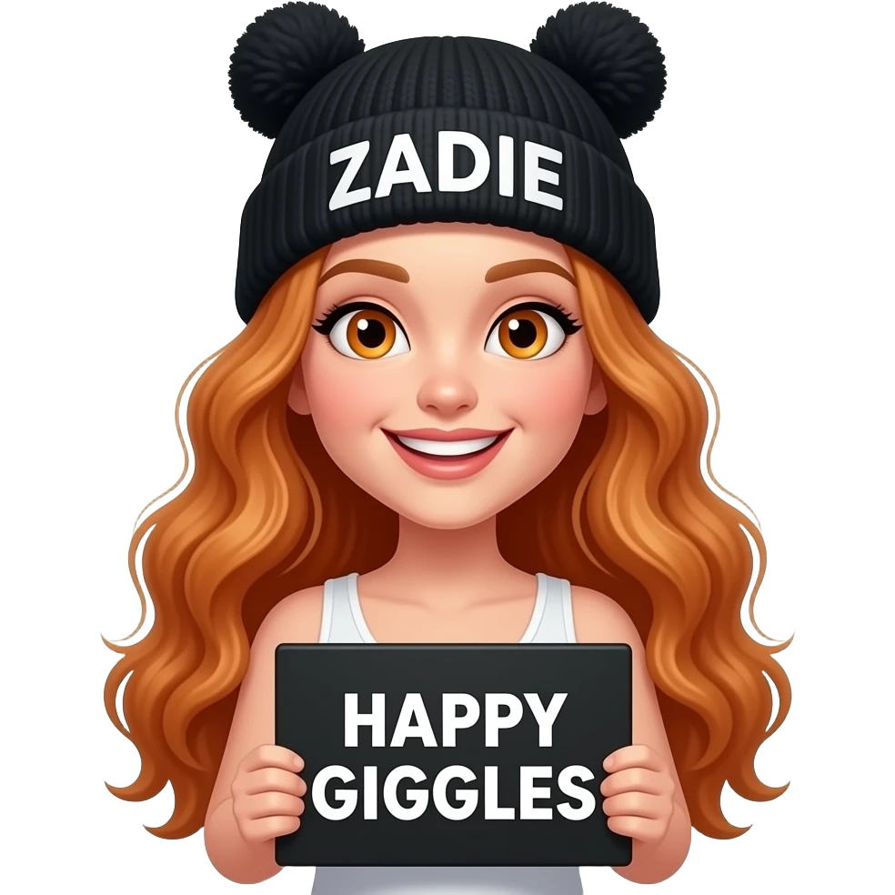 sexy girl with overlong wavy ginger hair and ginger eyes wearing a white tanktop and a black pom hat with ZADIE written on it is holding a black sign with HAPPY GIGGLES on it emoji