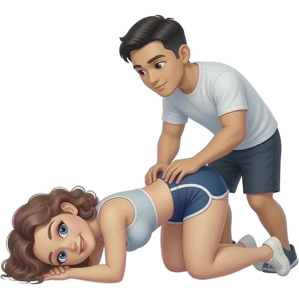 Curly hair , small waist, large hips White Woman laying on her hands and knee and on her head with an asian man behind grabbing her waist emoji