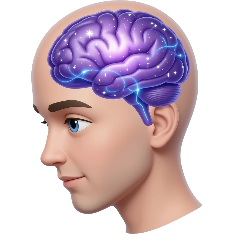 humain with  purple brain shaped like a mini galaxy, glowing neural connections, tiny stars and sparkles inside, futuristic and cute, transparent background emoji