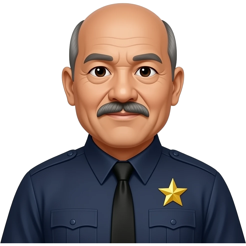 double chin older heavy fat filipino police officer bald gold star fancy moustache long sleeve dark shirt with tie fatter emoji