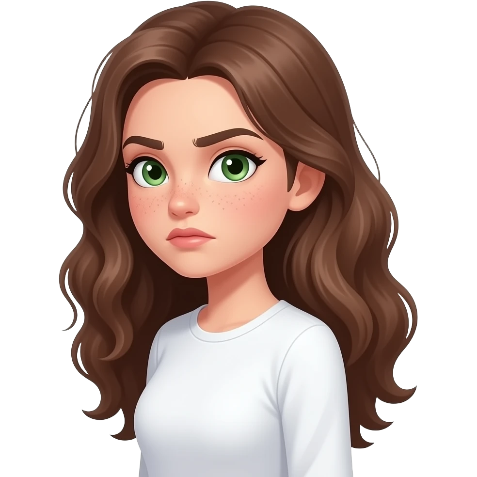 strong side view strong face expression very visible judgmental, cartoonish, caricatured, grotesque, suspicious side-eye meme by Brown wavy long haired with green eyes with one eyebrow raised cute face with freckles pretty girl in cute  white top with long sleeve emoji