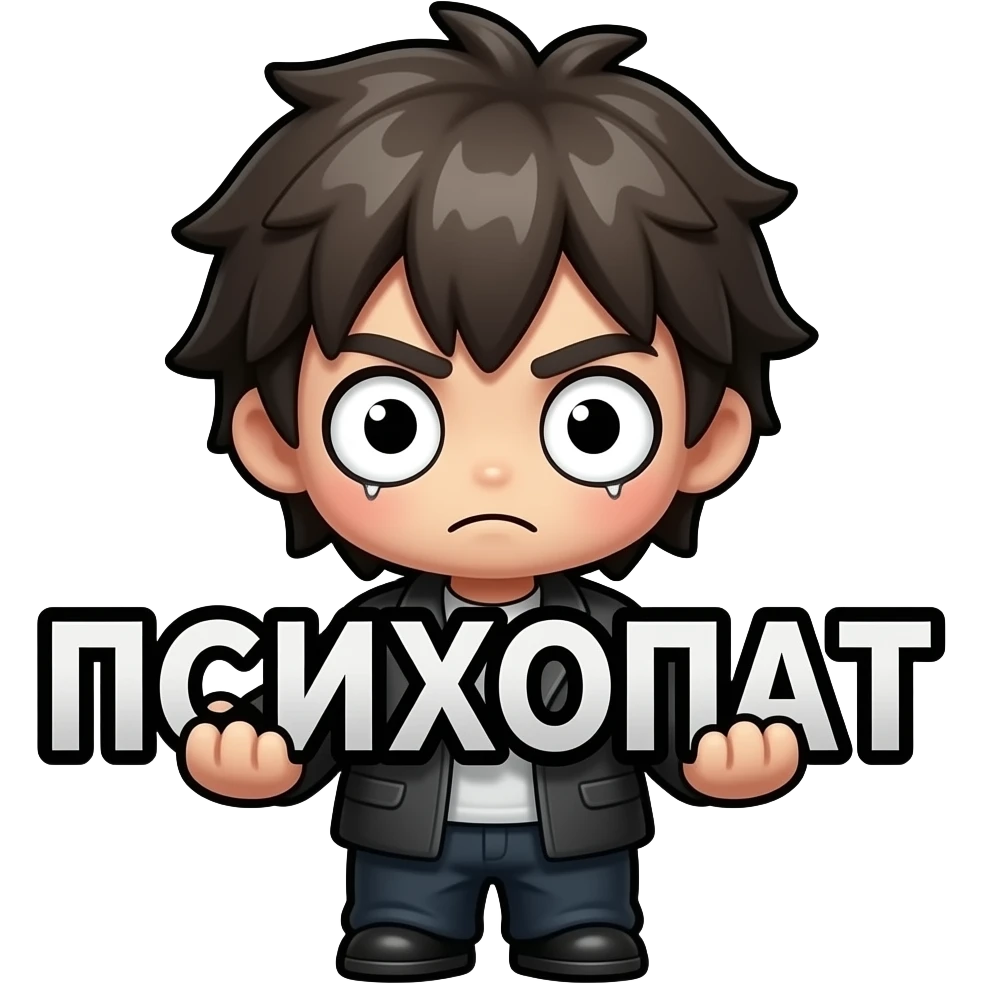chibi twitch emote, tiny unhinged chibi character with crazy eyes holding “ПСИХОПАТ” text, chaotic cute energy, thick black outline, transparent background, 7TV style emoji