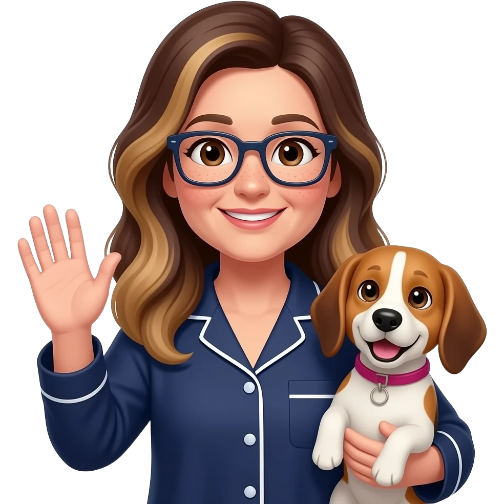 50-year-old woman with very dark brown eyes,  long brown balayage hair, parted on the left side, with pale skin and freckles, with dark navy rectangular glasses, holding a beagle that looks happy. She is wearing a navy pajamas. The beagle has a pink collar. The woman is waving goodbye emoji