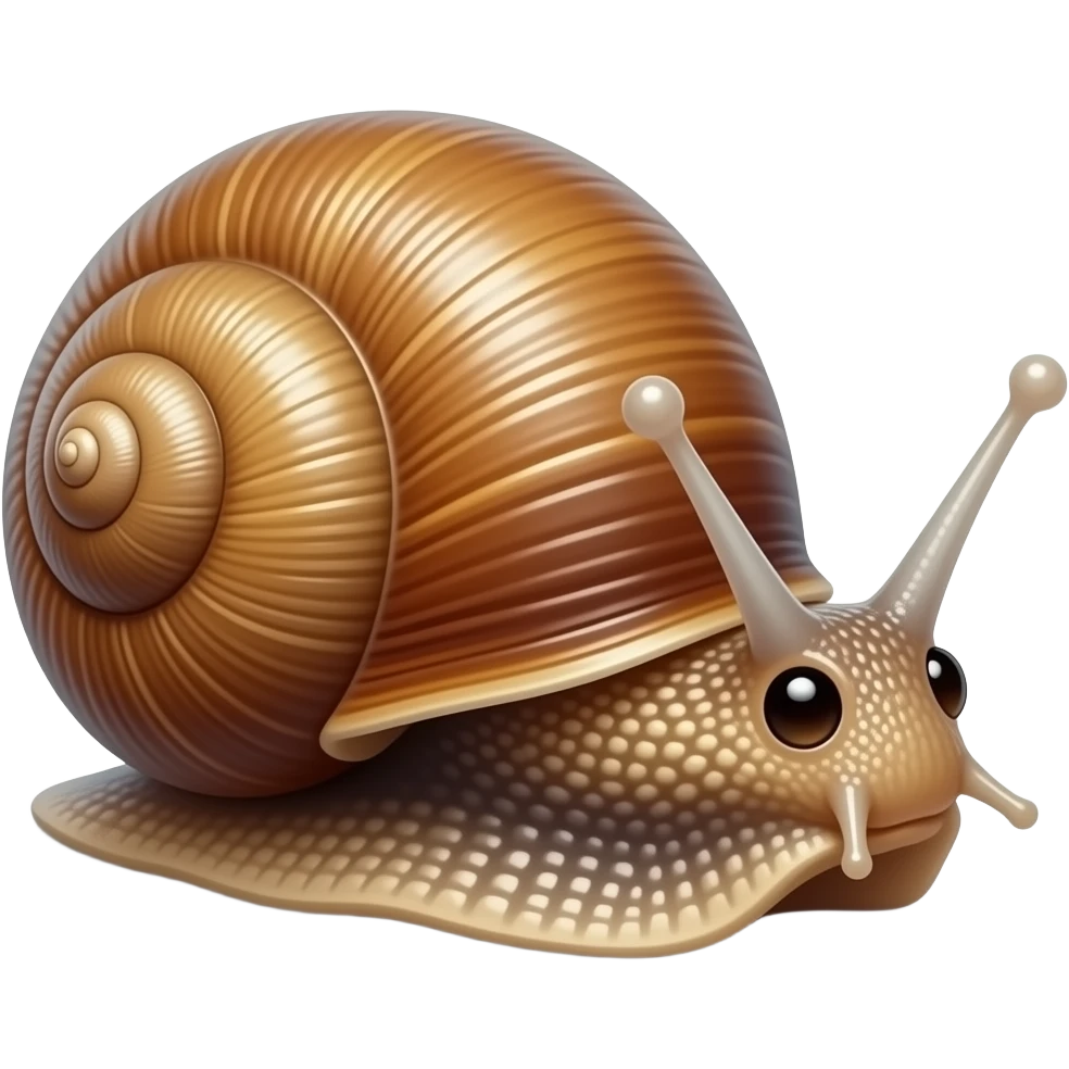 Realistic 3D emoji icon of a garden snail, close-up centered frontal view, highly detailed wet slimy texture of the body, smooth brown spiraled shell with natural stripes, realistic tiny tentacle eyes, macro photography style, photorealistic web asset, isolated on a solid white background emoji