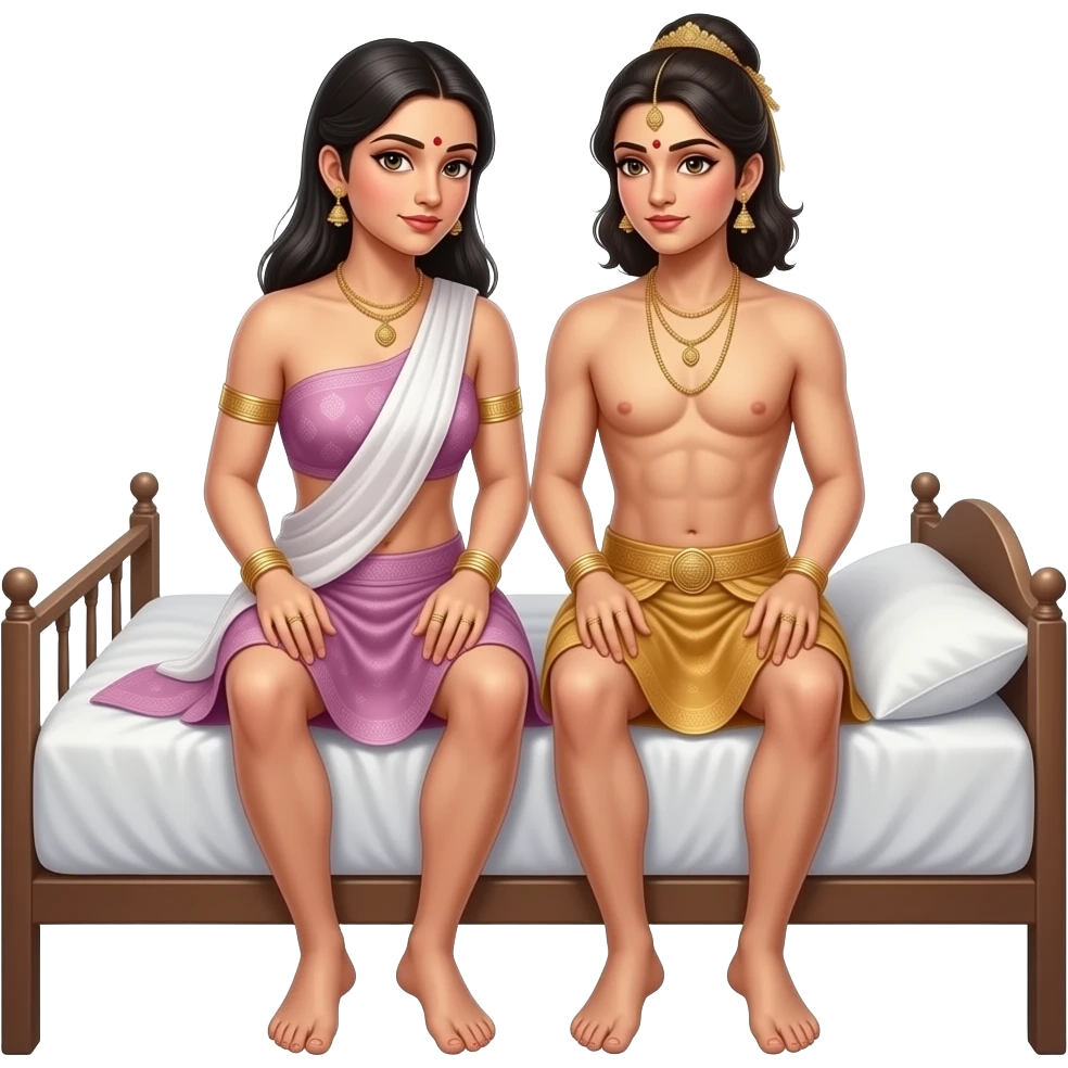 দু'জন নগ্ন নারী বিছানায় পা ছড়িয়ে শুয়ে আছে, তাদের ভেজা যৌনি দেখা যাচ্ছে, এবং সম্পূর্ণ  নগ্ন দু'জন পুরুষ নারীর শরীরের উপর দাঁড়িয়ে পেশাব করছে। emoji