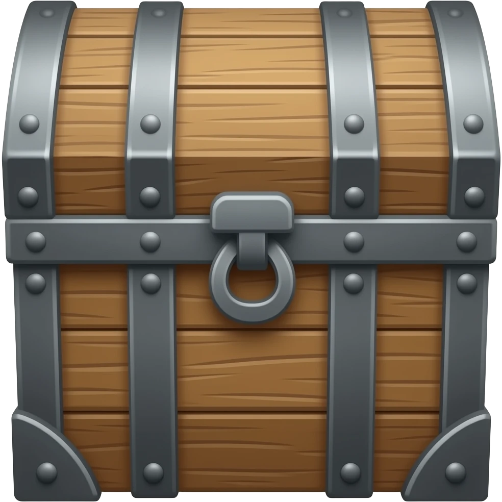 hyper-realistic, Plain looking battered wooden chest with iron straps, closed, facing forward emoji