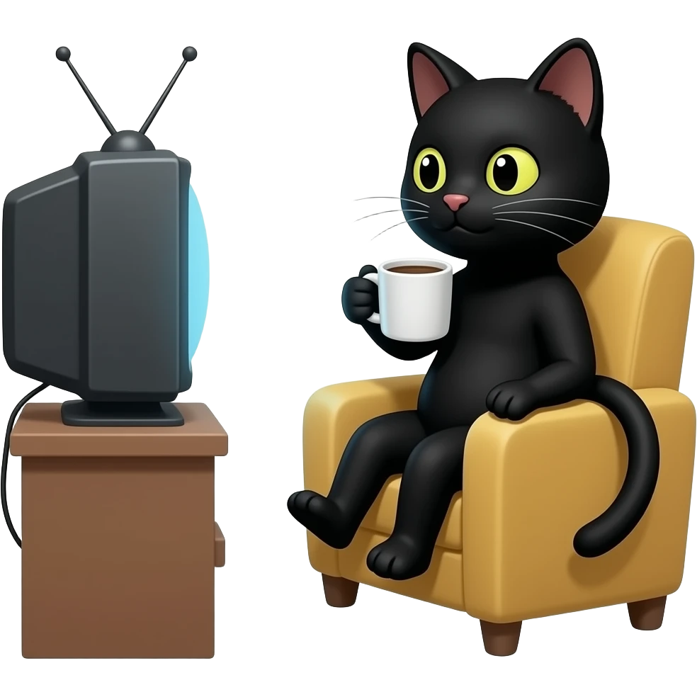 Czarny kot pijący kawę w kubku,  siedzący w fotelu i ogląda telewizję emoji