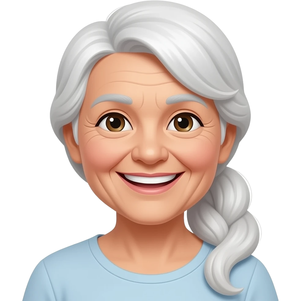 "An old lady with her long white hair gathered into a ponytail is beaming with a bright smile. emoji