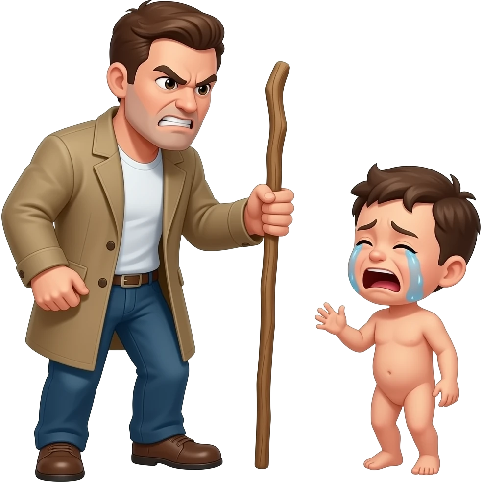 An angry clothed man with a stick  and a loudly crying small naked man facing each other with full bodies shown n emoji