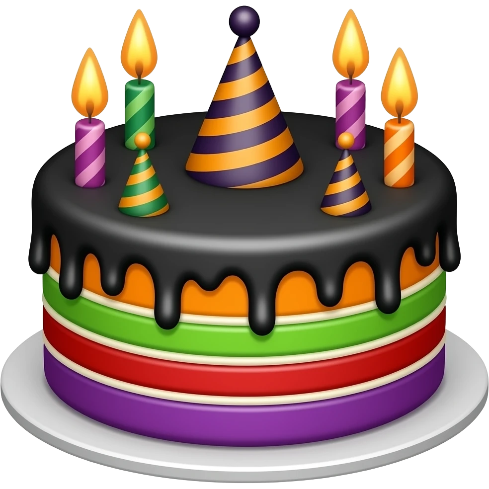 Halloween birthday cake, with black orange, green, red, and purple emoji
