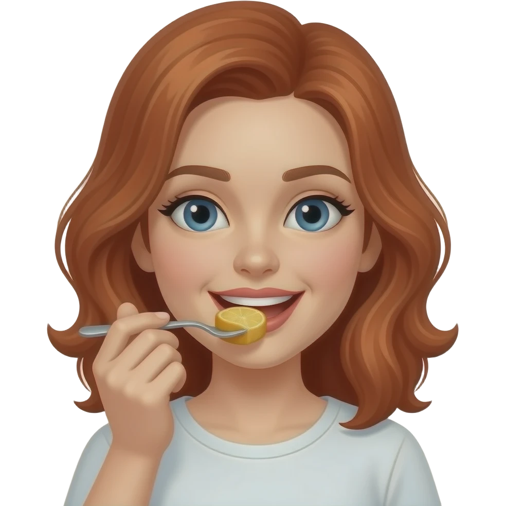 Mujer de cabello cobrizo comiendo emoji