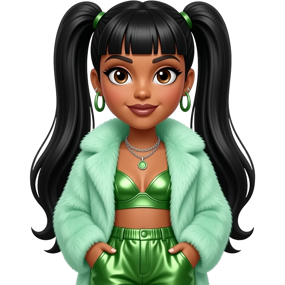 Lisa Left Eye Lopes from TLC with medium brown skin, dark brown eyes, black straight two high ponytail bang hair, mint green fur coat, green metallic bra, green metallic baggy pants, necklace and earrings emoji