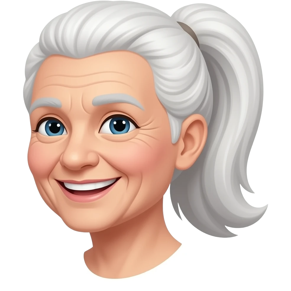"An old lady with her long white hair gathered into a ponytail is beaming with a bright smile. emoji