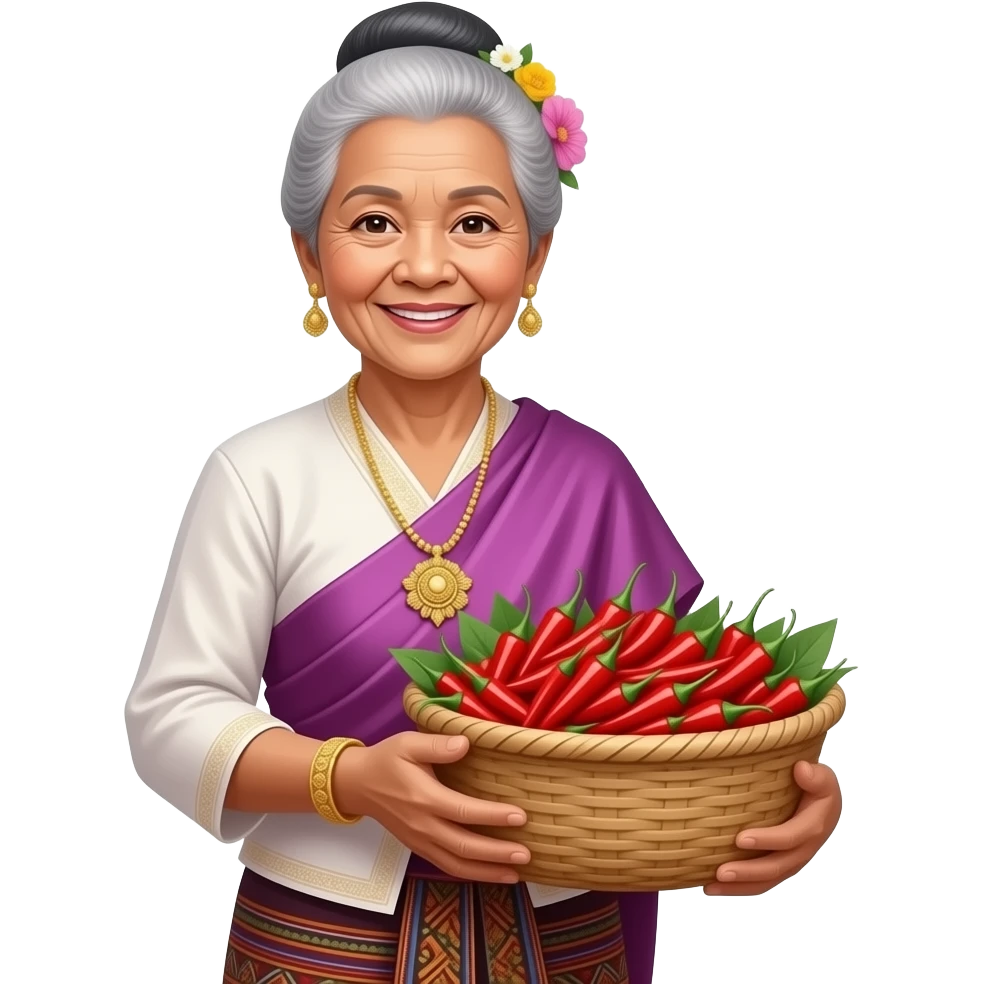 A Thai old woman is selling Thai chili peppers at the market emoji