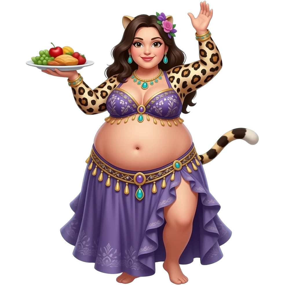 A female leopard belly dancer,with an morbid obese love handles & muffin top midriff,her bellybutton bulging from being stuffed to the max after a luncheon buffet,She dances then her bouncy belly wobbles a lot. emoji