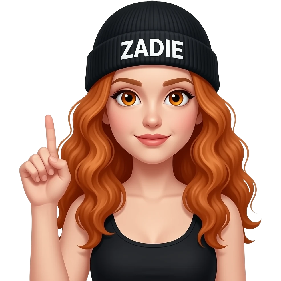 sexy girl with overlong wavy ginger hair and ginger eyes wearing a black tanktop and a black beanie with ZADIE written on it,  is putting one finger in the air emoji