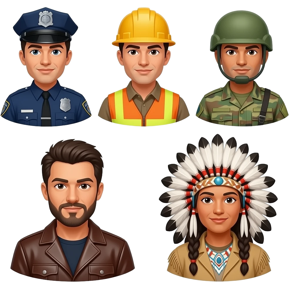 Cop, construction worker, soldier, leather man and Native American emoji