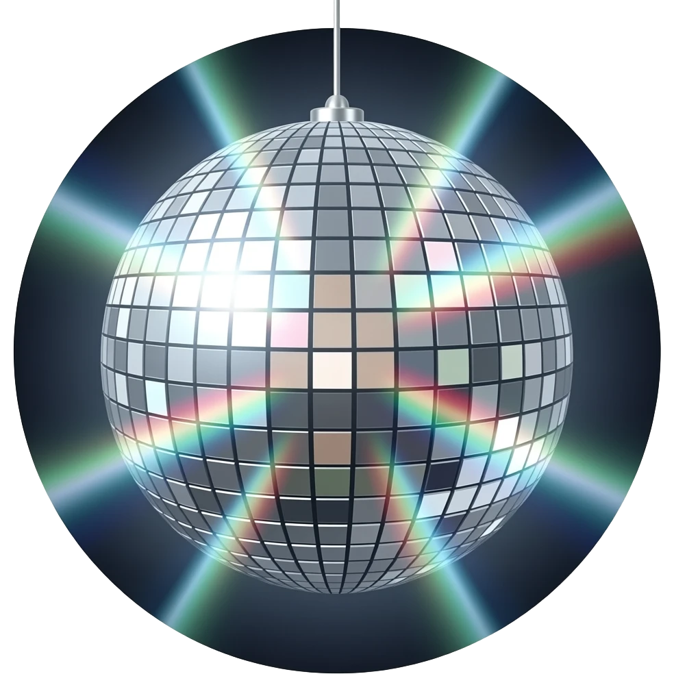 A glittering silver disco ball with detailed mirrored panels reflecting rainbow colours. Add beams of light radiating outward against a dark background. emoji