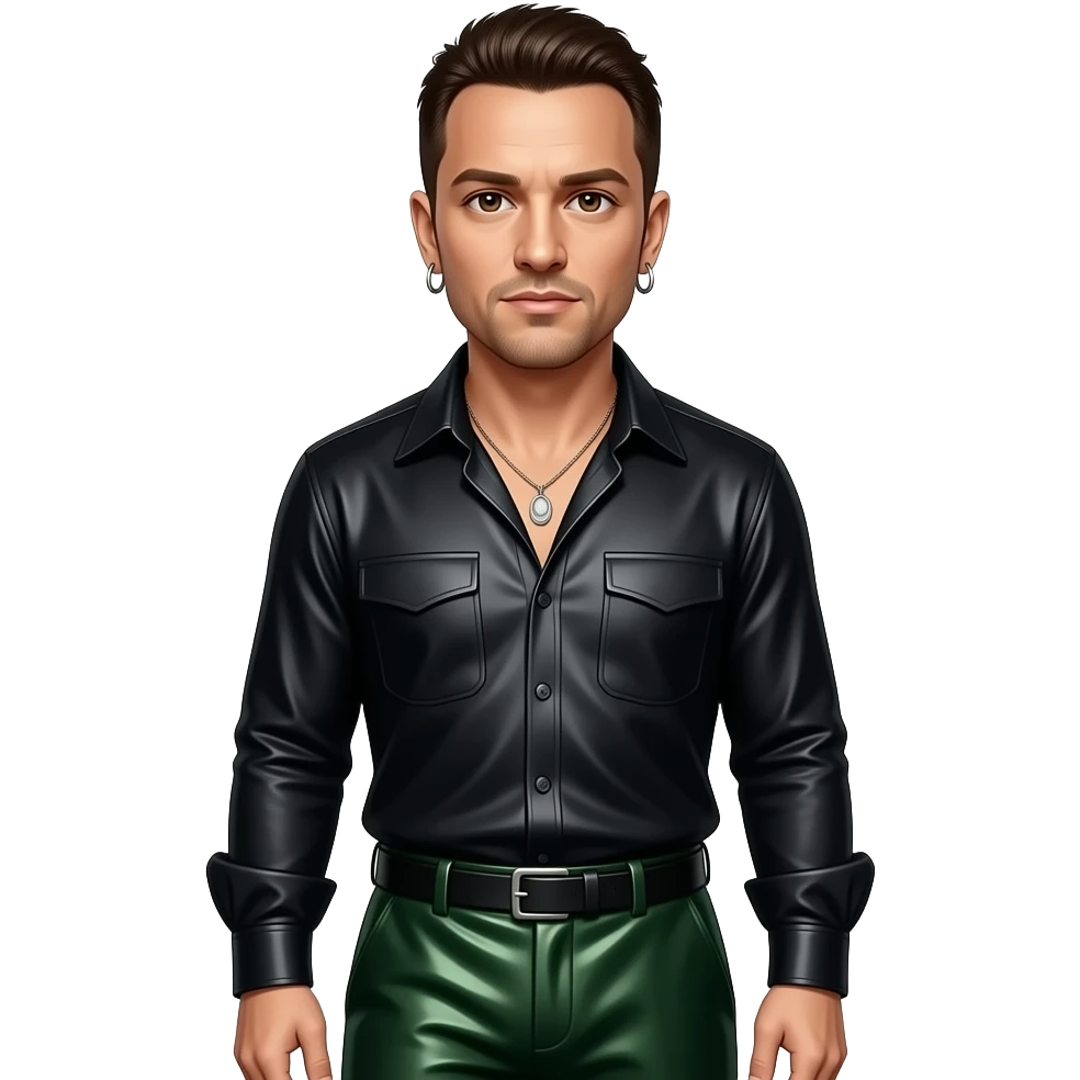 Chester Bennington with dark brown eyes, dark brown hair, black metallic blouse, dark green metallic baggy pants, necklace and earrings emoji