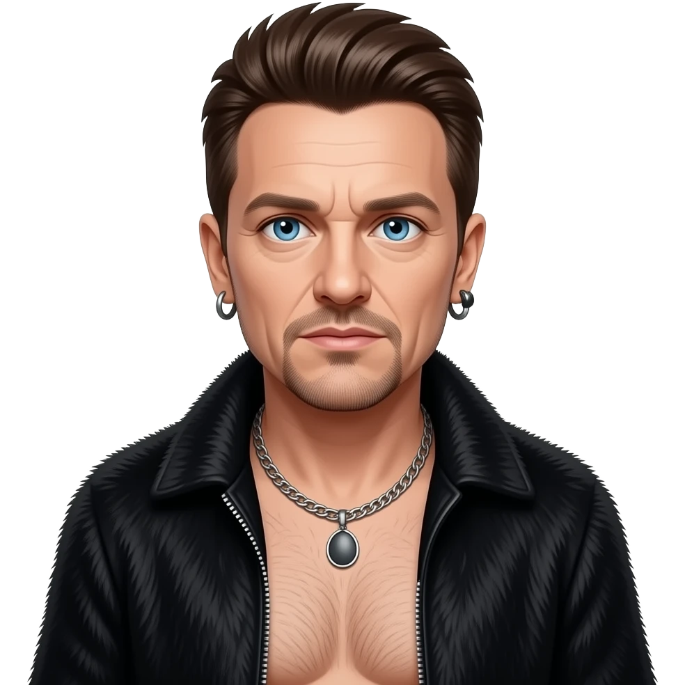 Bono with blue eyes, dark brown hair, black fur shawl, black metallic baggy pants, shirtless with necklace and earrings emoji